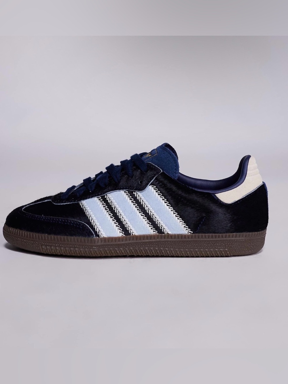 Adidas Originals Sambas in Navy Pony Hair and Light Blue